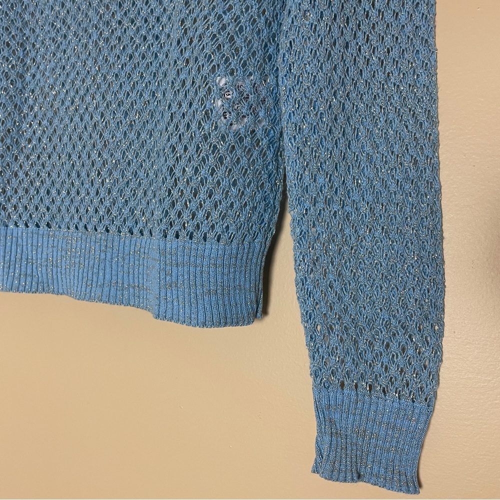Farm Rio Open Knit Sweater P / US Size XS Blue Gold Metallic - Picture 6 of 12